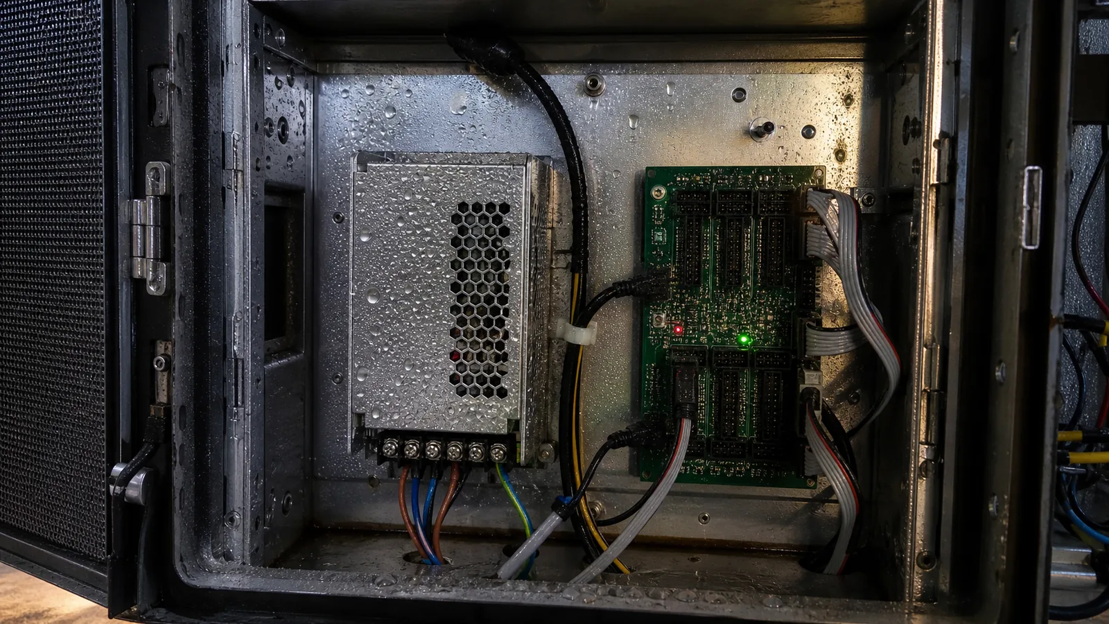 Condensation around power supply and HUB board inside an LED display cabinet