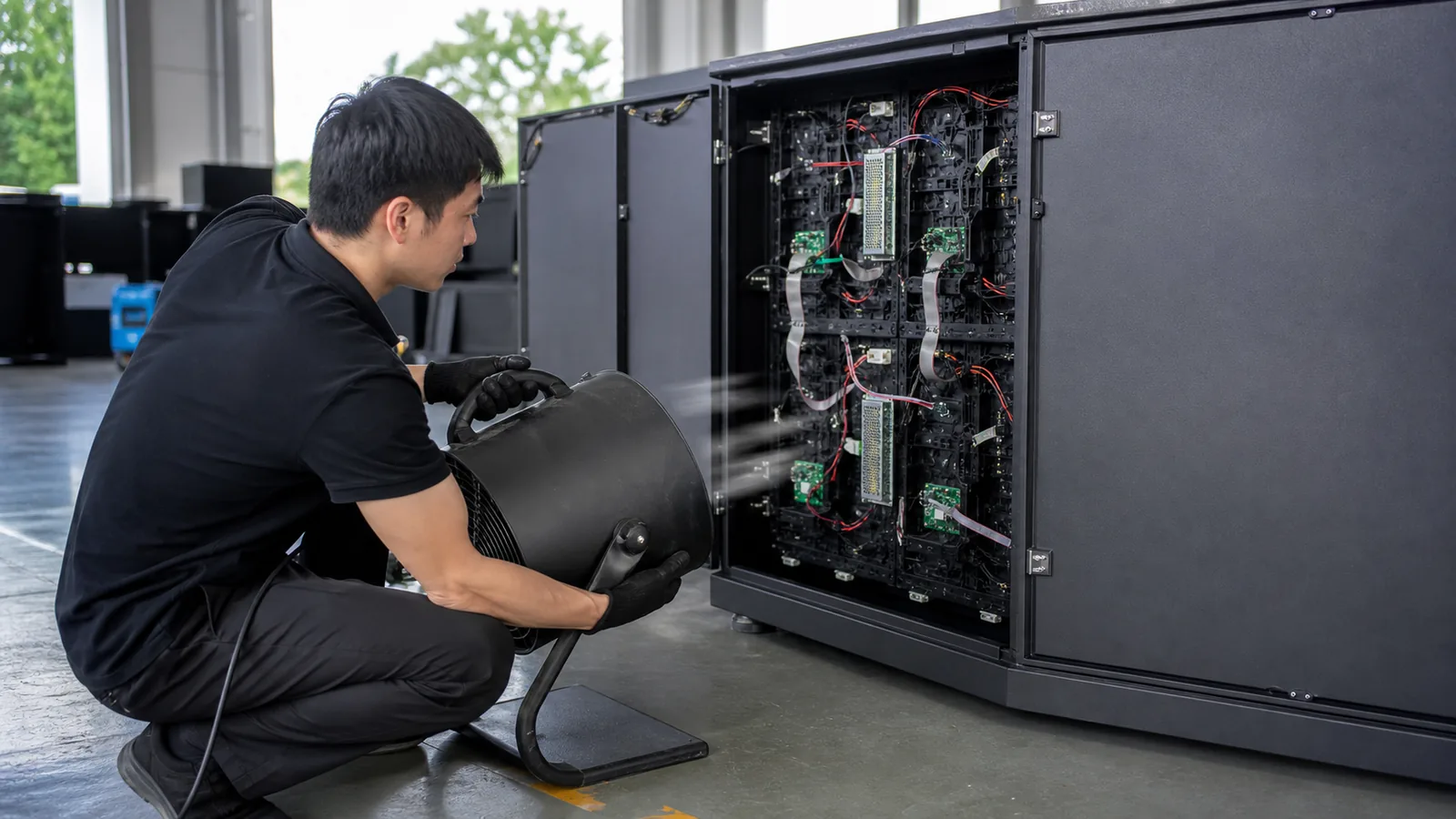 Technician drying an LED display cabinet with industrial fan airflow
