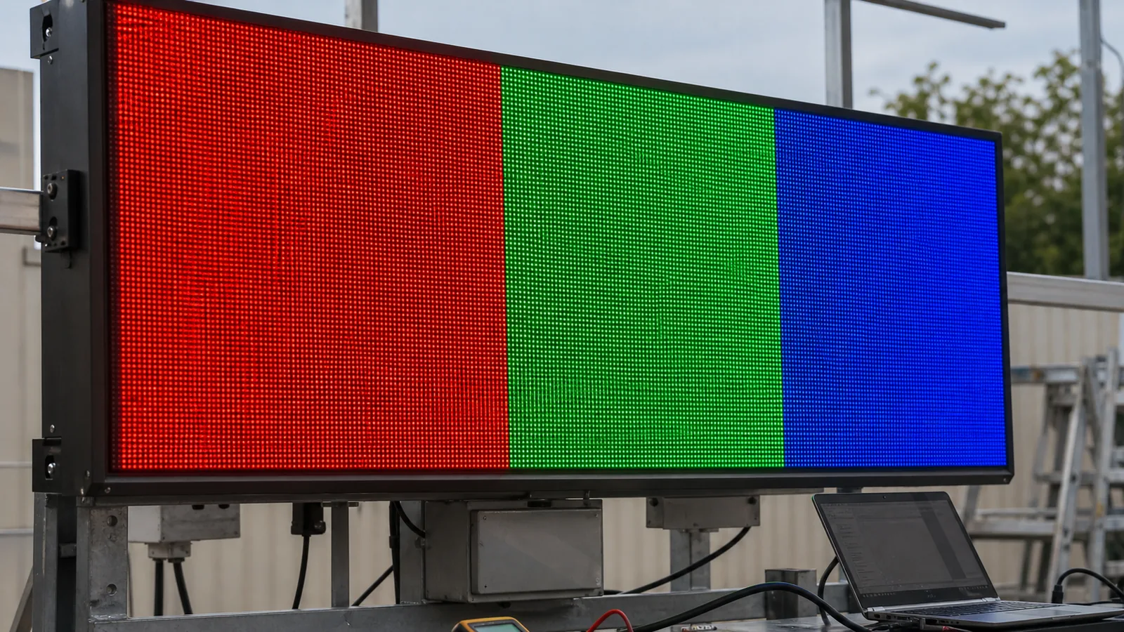 Outdoor LED display running an RGB burn-in test after repair