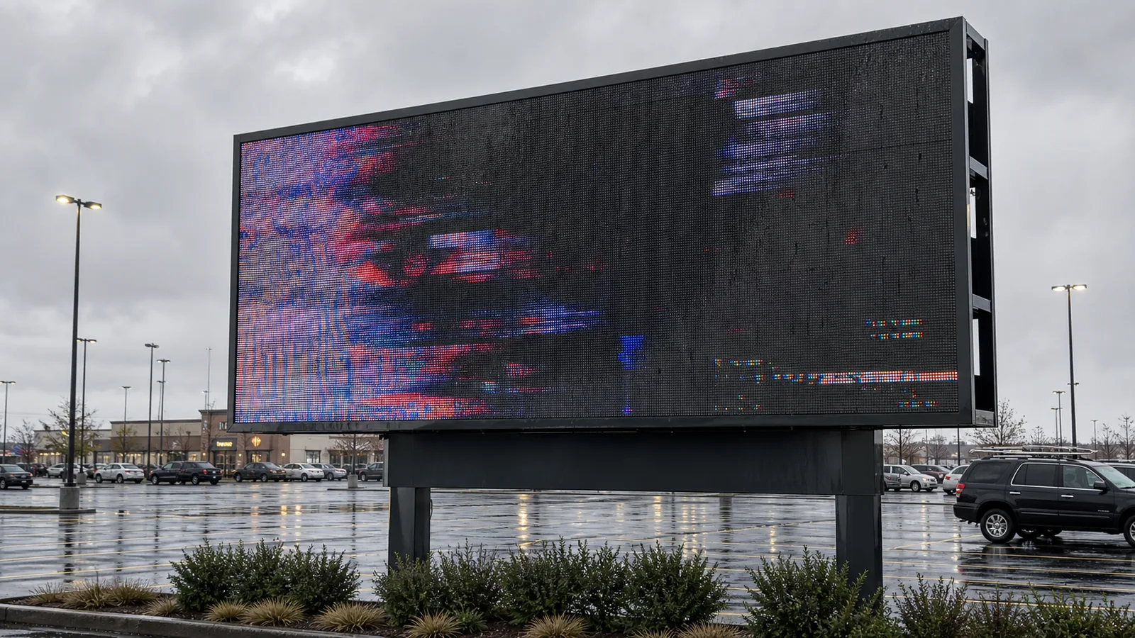 Outdoor P2.5 LED screen flickering after heavy rain in a commercial parking lot