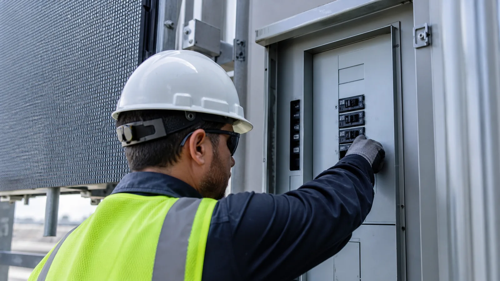 Technician switching off an outdoor LED display breaker before maintenance