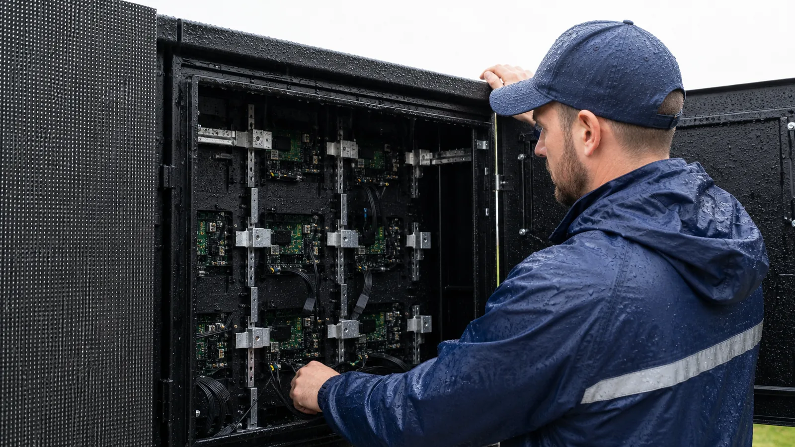 Technician opening an outdoor LED display cabinet after rain